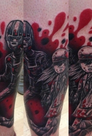 小腿彩色血腥的卡通女孩与男子面具纹身图案