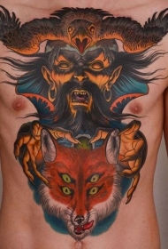 胸部和腹部彩色邪恶恶魔与狐狸乌鸦纹身图案