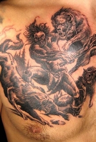 胸部狂怒战士与狼战斗纹身图案