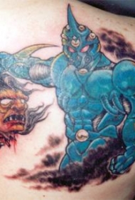 恶魔头和蓝色骑士纹身图案