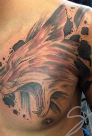 好看的彩色狐狸头胸部纹身图案