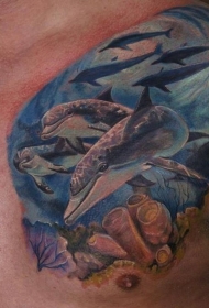 胸部非常逼真的五彩海豚纹身图案