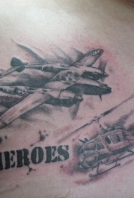 胸部二战主题军用飞机和直升机纹身图案