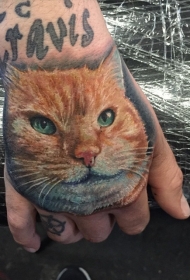 手背写实风格的彩色猫头纹身图案
