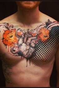 胸部写实人类心脏与彩色花卉纹身图案