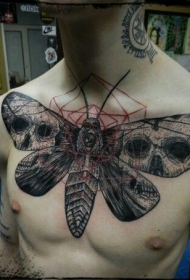 胸部插画风格大蝴蝶与骷髅纹身图案