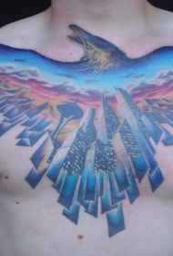胸部西雅图城市和老鹰轮廓纹身图案