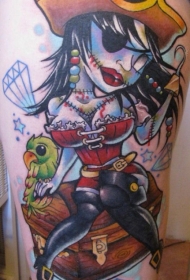 大腿卡通彩色僵尸海盗女孩与鹦鹉和钻石纹身图案