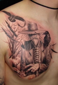 胸部中国风稻草人和乌鸦纹身图案