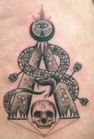 大腿黑灰蛇骷髅和上帝之眼纹身图案