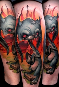 卡通怪兽恶魔猫和燃烧的房屋纹身图案