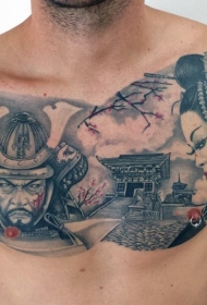 胸部日本传统风格彩色武士艺妓房屋纹身图案