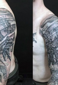 手臂黑白可怕的怪物废墟纹身图案