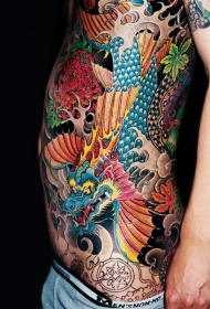 腰部生动的色彩中国龙花朵纹身图案