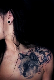 女生肩部逼真的黑灰狼头纹身图案