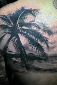 背部黑灰海岛风景与棕榈树纹身图案