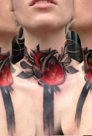 颈部红色心脏与黑色的叶子纹身图案