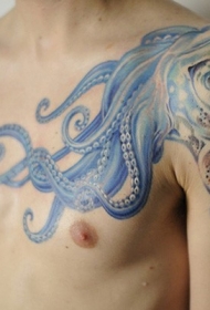 肩部可爱的蓝色章鱼纹身图案
