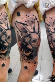大腿黑色兔子与时钟纹身图案