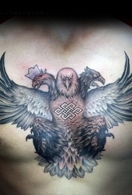 胸部部落图腾与彩色三头鹰纹身图案