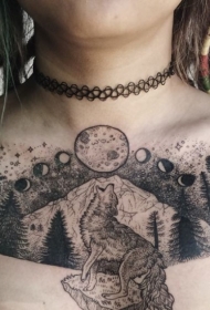 胸部夜间森林与狼和行星纹身图案