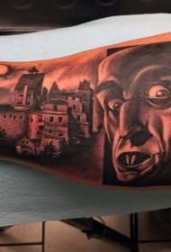 手臂原始黑灰吸血鬼城堡纹身图案