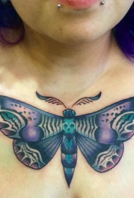 彩色胸部蝴蝶与人骷髅纹身图案