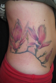 侧肋粉红木兰花枝纹身图案