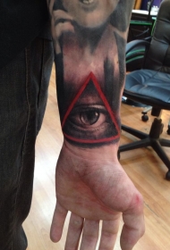 手臂黑灰眼睛与红色三角形纹身图案
