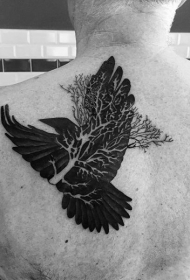 背部插画风格黑色乌鸦与树枝纹身图案