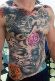 腹部有趣的彩绘玫瑰与各种肖像纹身图案