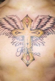 胸部金色十字架和翅膀纹身图案