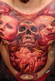 胸部骷髅和恶魔与女人肖像心脏纹身图案