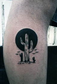 小腿西式黑白仙人掌纹身图案
