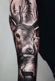 手臂写实风格黑色森林和鹿纹身图案
