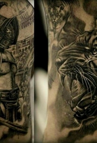 写实的黑白角斗士与虎头大臂纹身图案