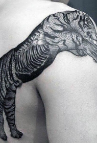 背部壮观的黑色老虎与骨骼纹身图案