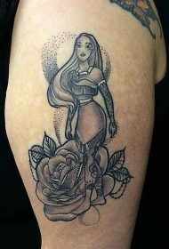 大臂黑色卡通印度女人和花朵纹身图案