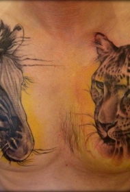 胸部写实的彩色斑马和豹头部纹身图案