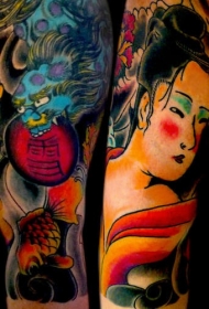 日本的艺妓和蓝色龙纹身图案