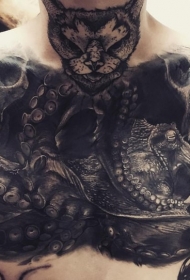 胸部难以置信的章鱼与猫骷髅纹身图案