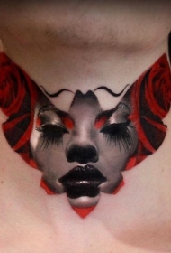 颈部令人印象深刻的蝴蝶与女性肖像纹身图案