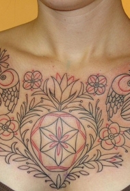 女孩胸部黑色和红色线条植物小鸟纹身图案