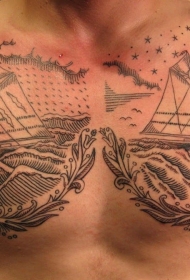 两艘帆船在海上胸部纹身图案