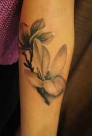 小臂自然逼真的黑白玉兰花纹身图案