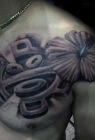 肩膀和胸部黑灰花朵小丑雕像纹身图案