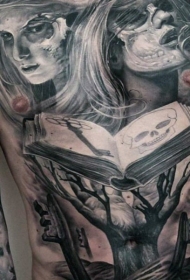 胸部黑色神秘恶魔女性肖像和魔法书纹身图案