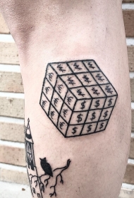 小腿滑稽的黑色立方体与各种货币符号纹身图案