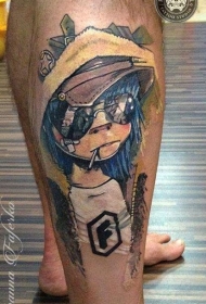 小腿彩色卡通男孩与香烟纹身图案