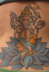 蓝色莲花和跳舞的象神纹身图案